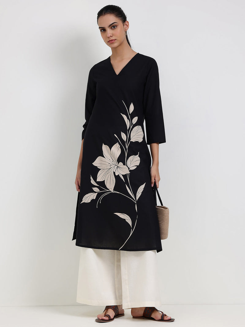 Cotton Floral Straight Kurta - Black