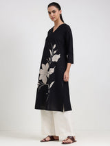 Cotton Floral Straight Kurta - Black