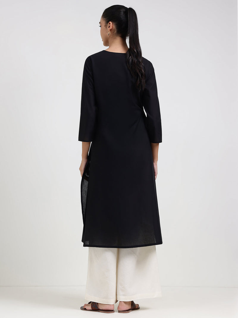 Cotton Floral Straight Kurta - Black