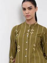 Cotton Abstract Flared Kurta - Green