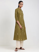 Cotton Abstract Flared Kurta - Green