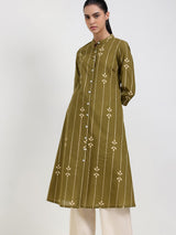 Cotton Abstract Flared Kurta - Green