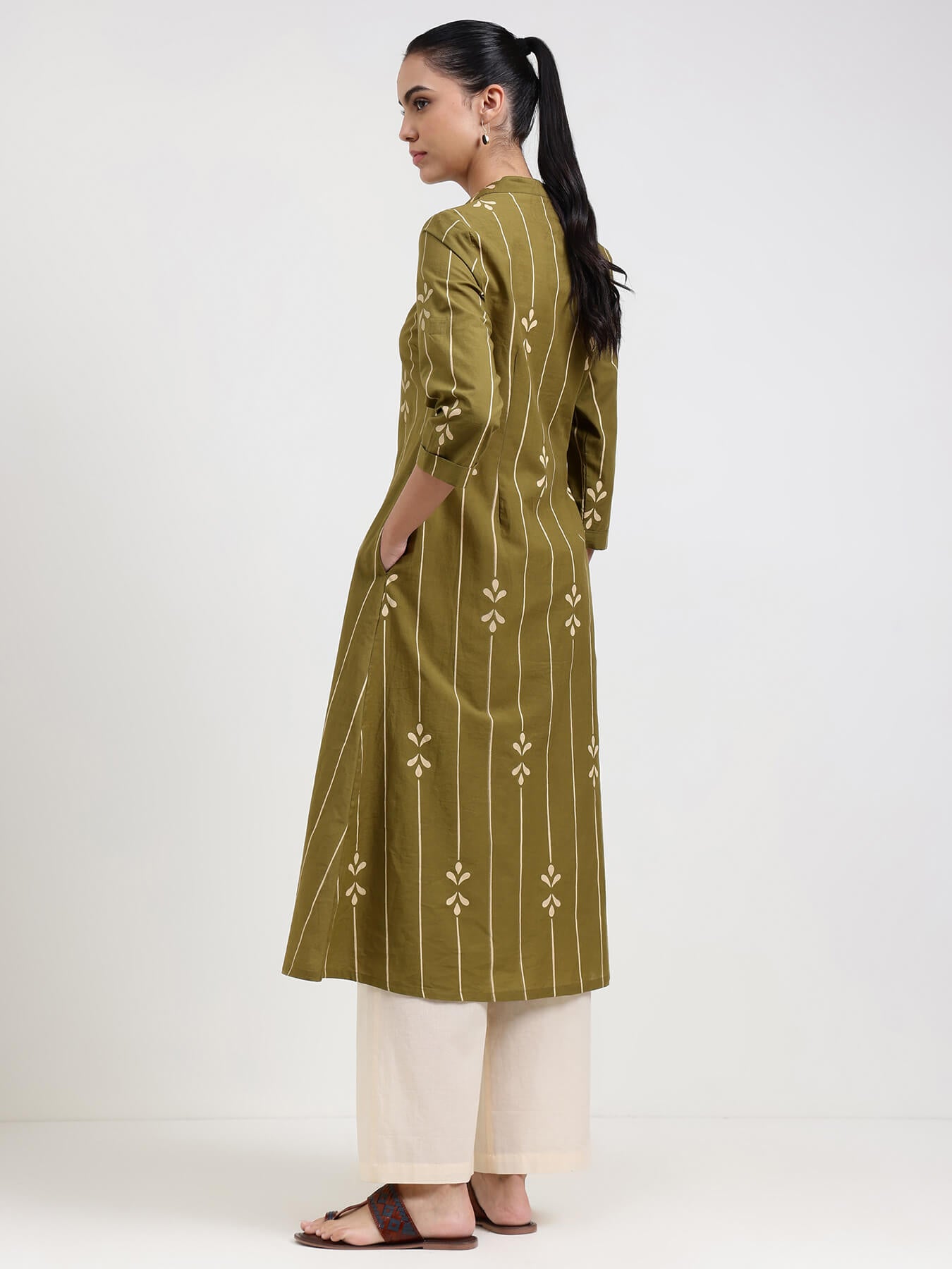 Cotton Abstract Flared Kurta - Green