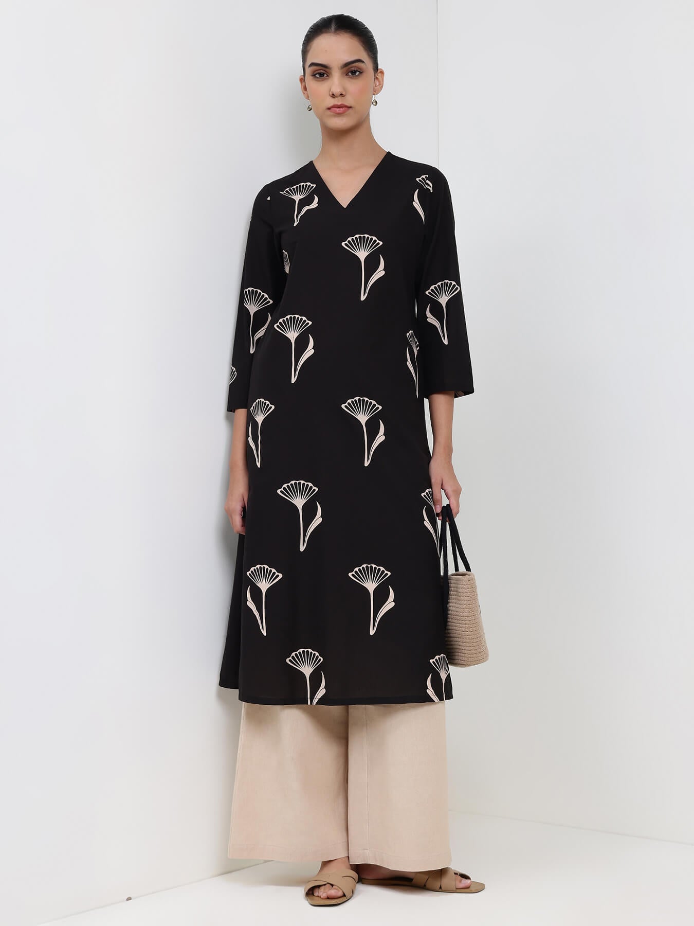 Cotton Floral Straight Kurta - Black