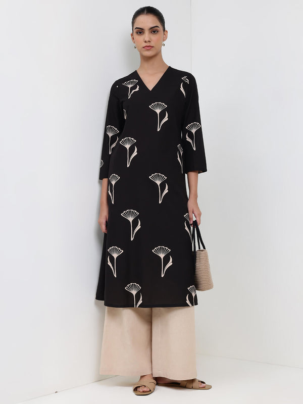 Cotton Floral Straight Kurta - Black