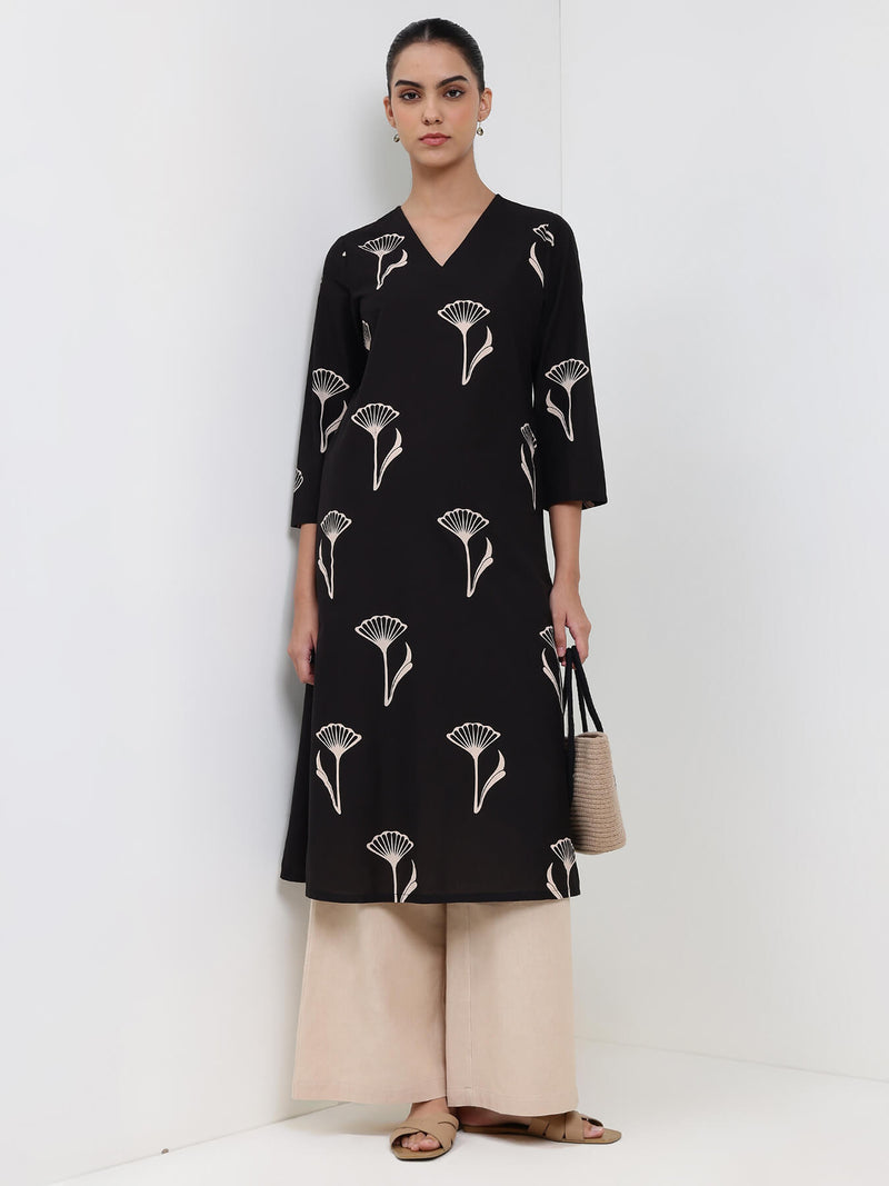 Cotton Floral Straight Kurta - Black