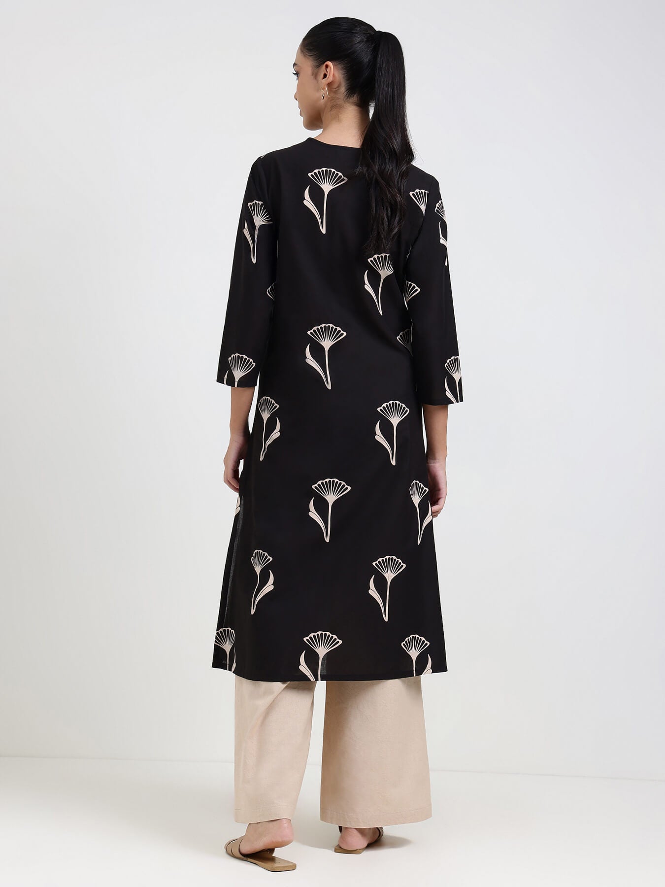 Cotton Floral Straight Kurta - Black