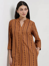 Cotton Striped Straight Kurta - Rust