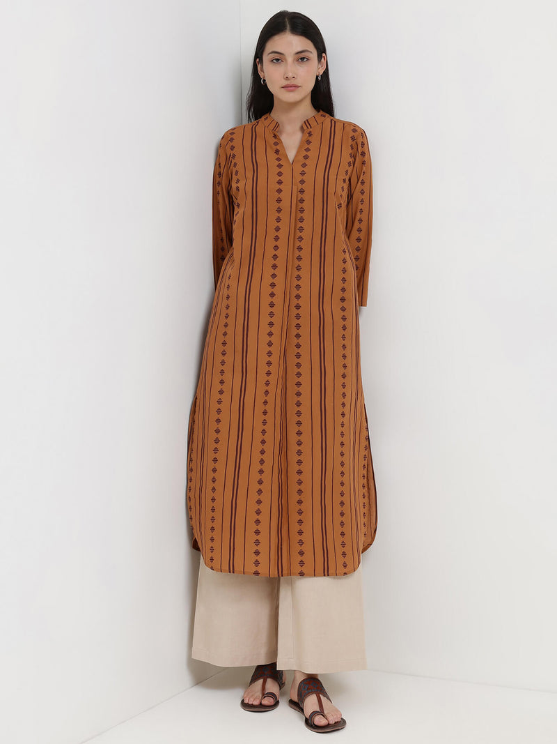 Cotton Striped Straight Kurta - Rust