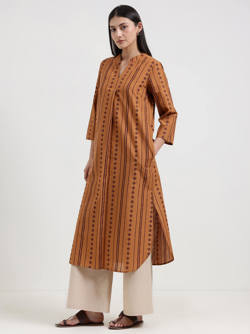 Cotton Striped Straight Kurta - Rust
