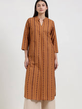 Cotton Striped Straight Kurta - Rust
