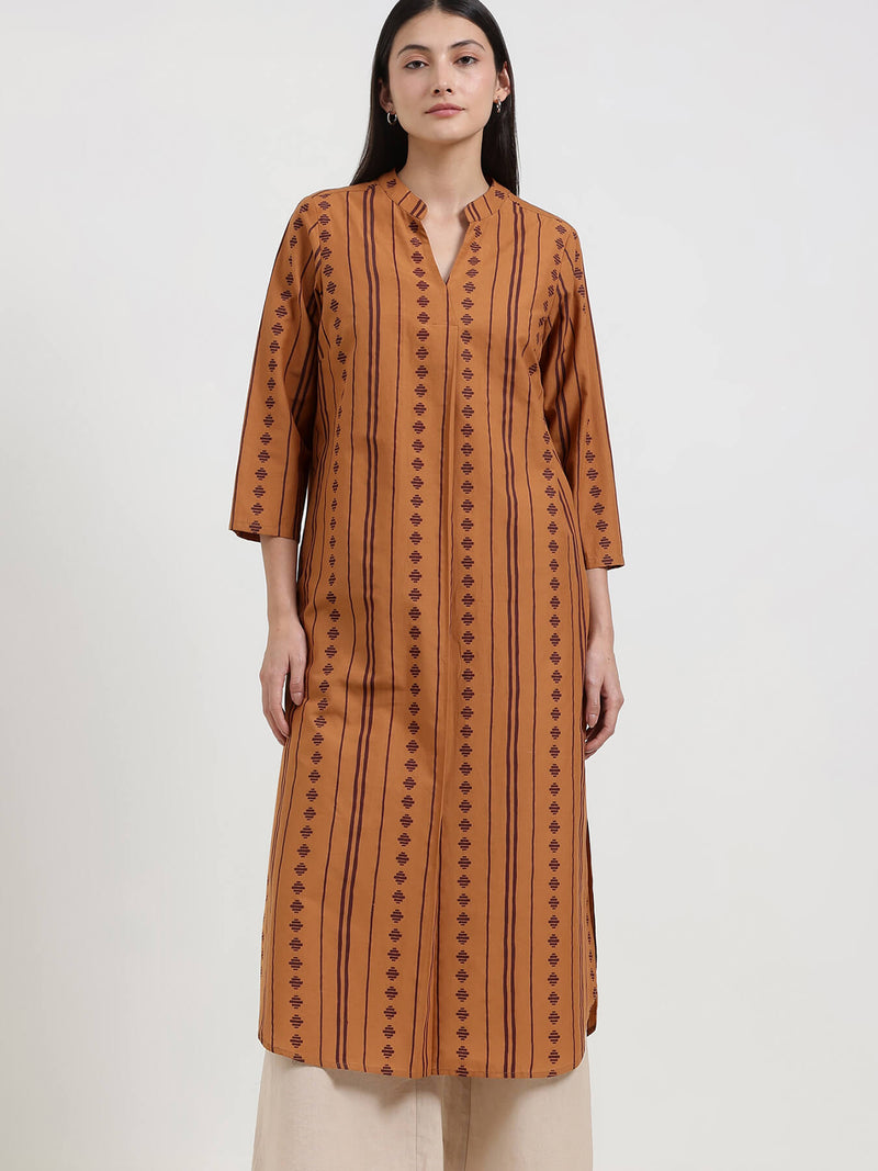 Cotton Striped Straight Kurta - Rust