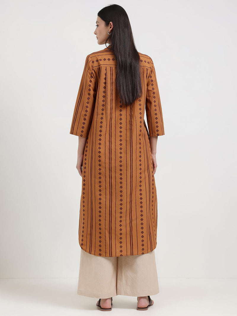 Cotton Striped Straight Kurta - Rust