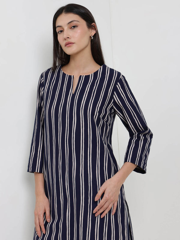 Cotton Striped Straight Kurta - Navy Blue