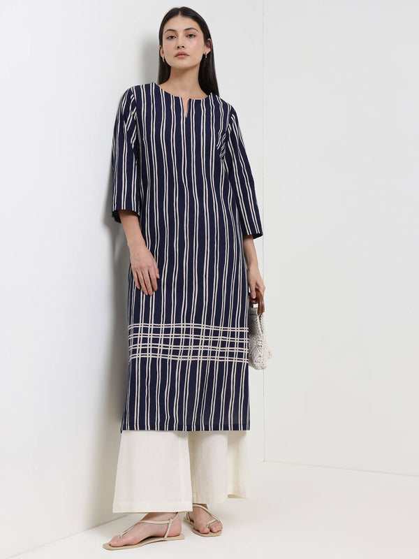 Cotton Striped Straight Kurta - Navy Blue