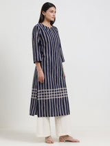 Cotton Striped Straight Kurta - Navy Blue
