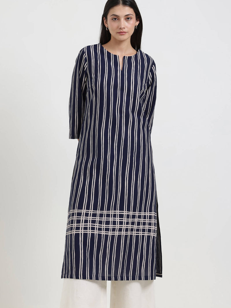 Cotton Striped Straight Kurta - Navy Blue