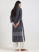 Cotton Striped Straight Kurta - Navy Blue