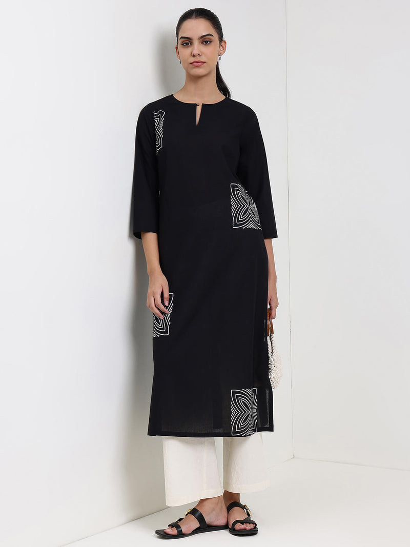 Cotton Geometric Straight Kurta - Black
