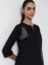 Cotton Geometric Straight Kurta - Black