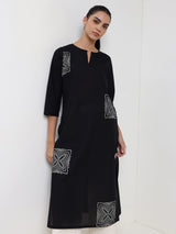 Cotton Geometric Straight Kurta - Black