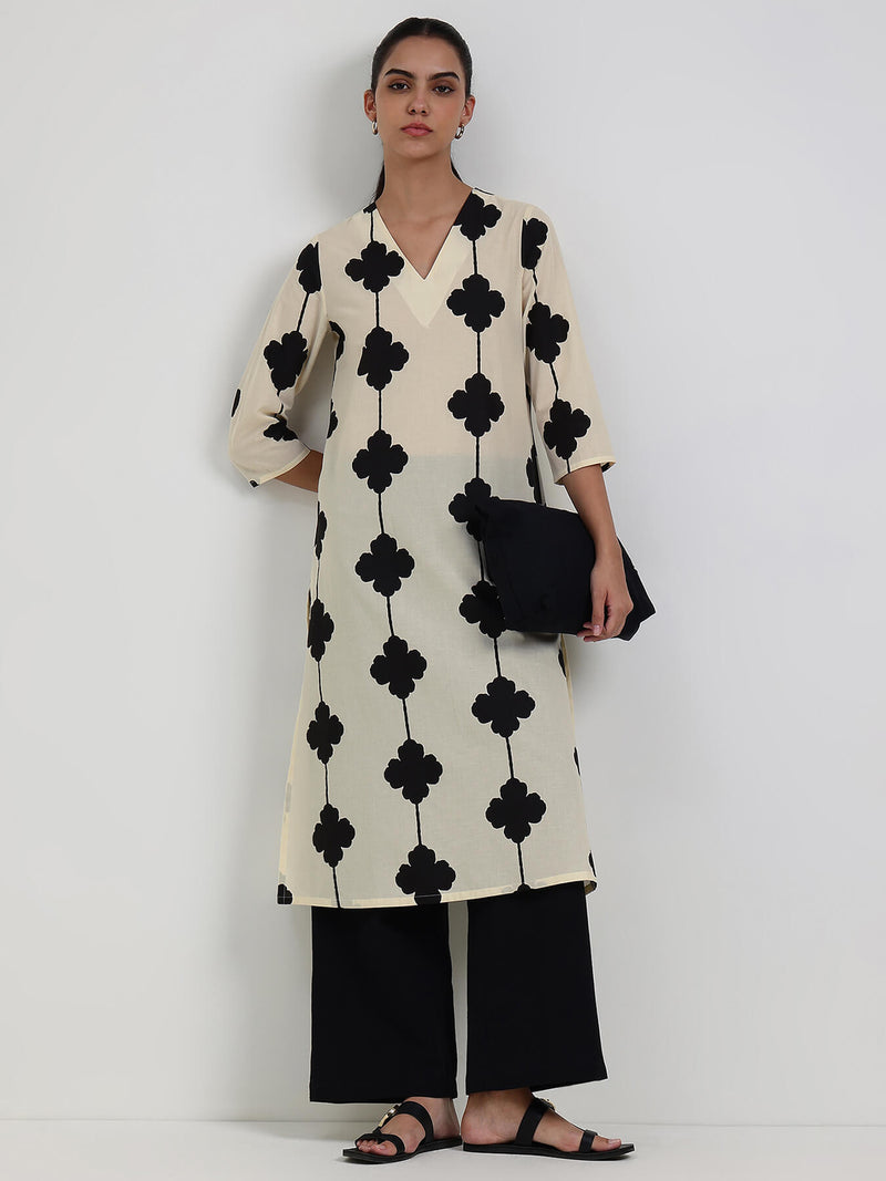 Cotton Floral Straight Kurta - White