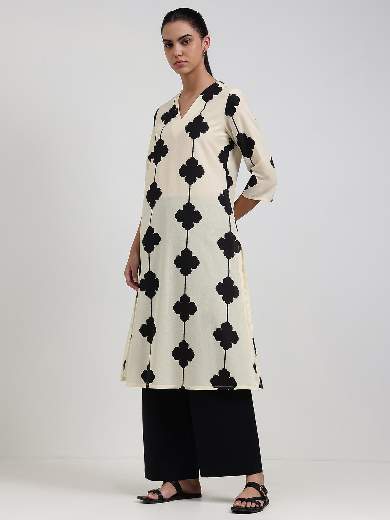 Cotton Floral Straight Kurta - White