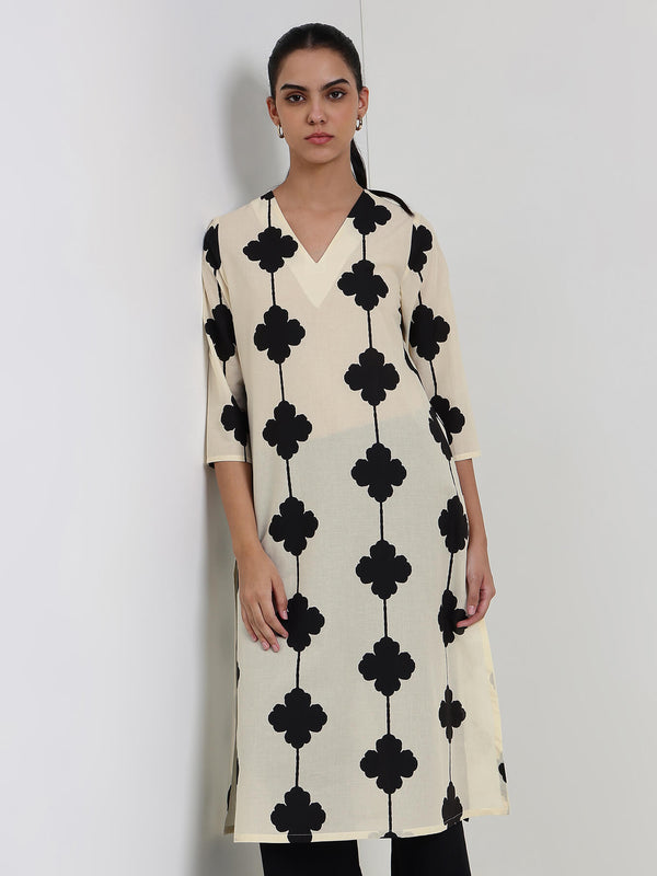 Cotton Floral Straight Kurta - White