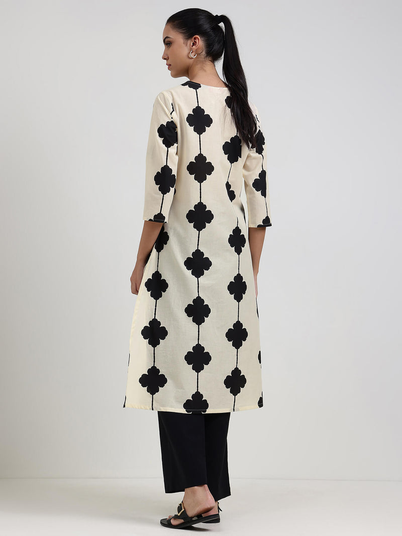 Cotton Floral Straight Kurta - White