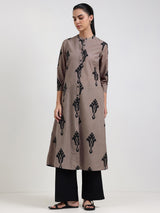 Cotton Ethnic Motif Flared Kurta - Grey