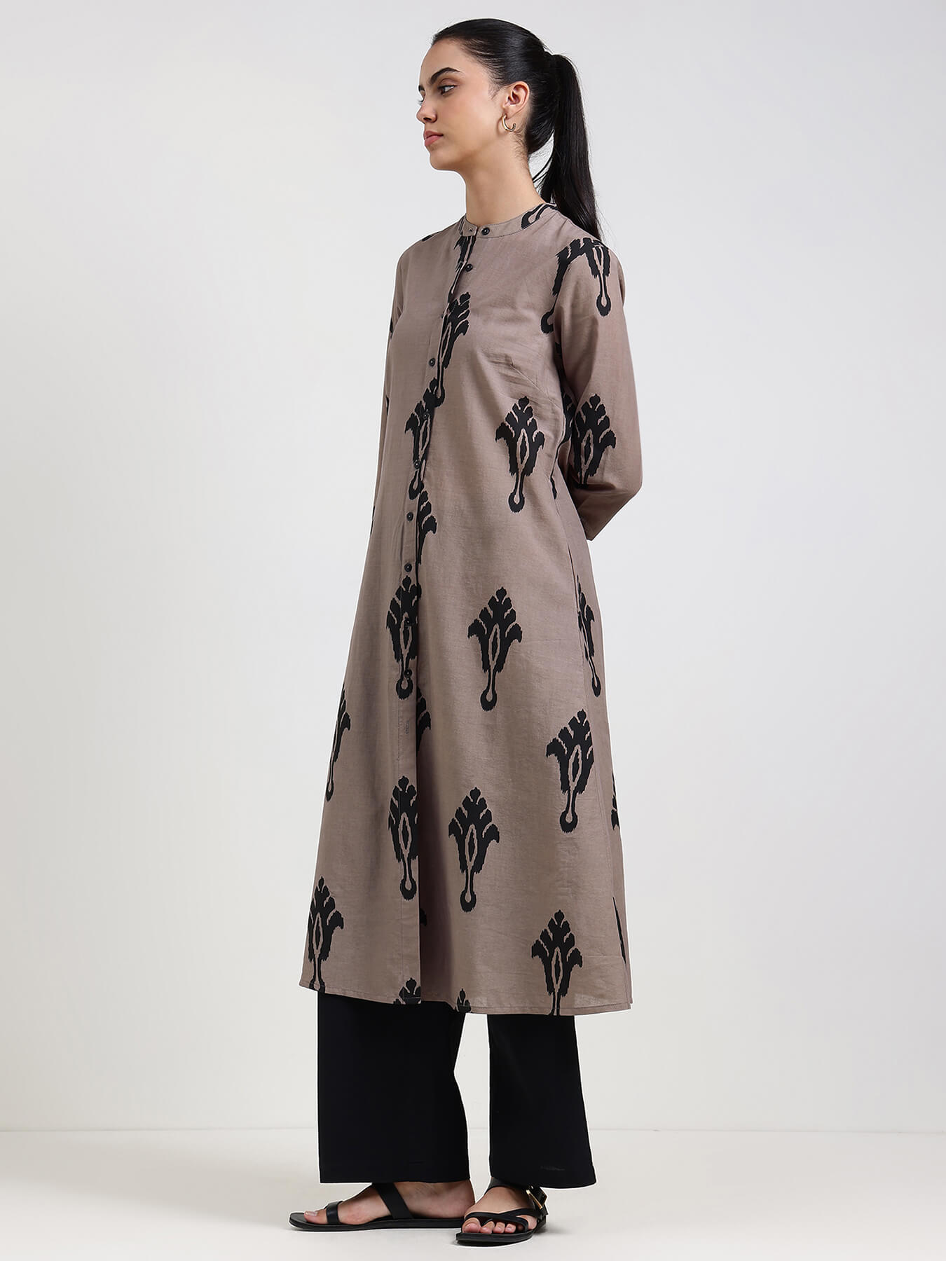 Cotton Ethnic Motif Flared Kurta - Grey