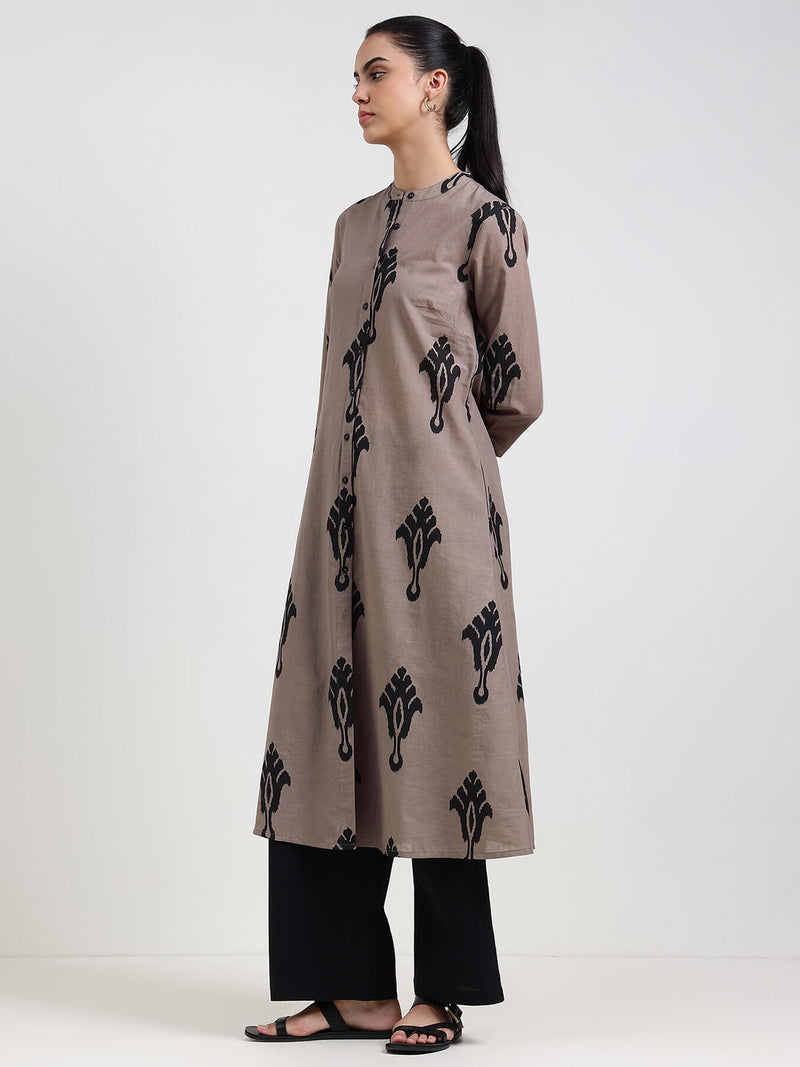Cotton Ethnic Motif Flared Kurta - Grey