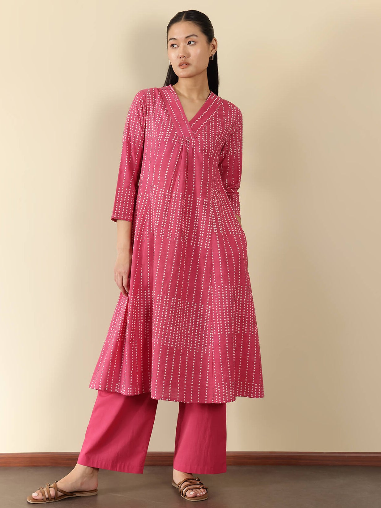 Cotton Dabu Polka A-Line Kurta Set - Pink