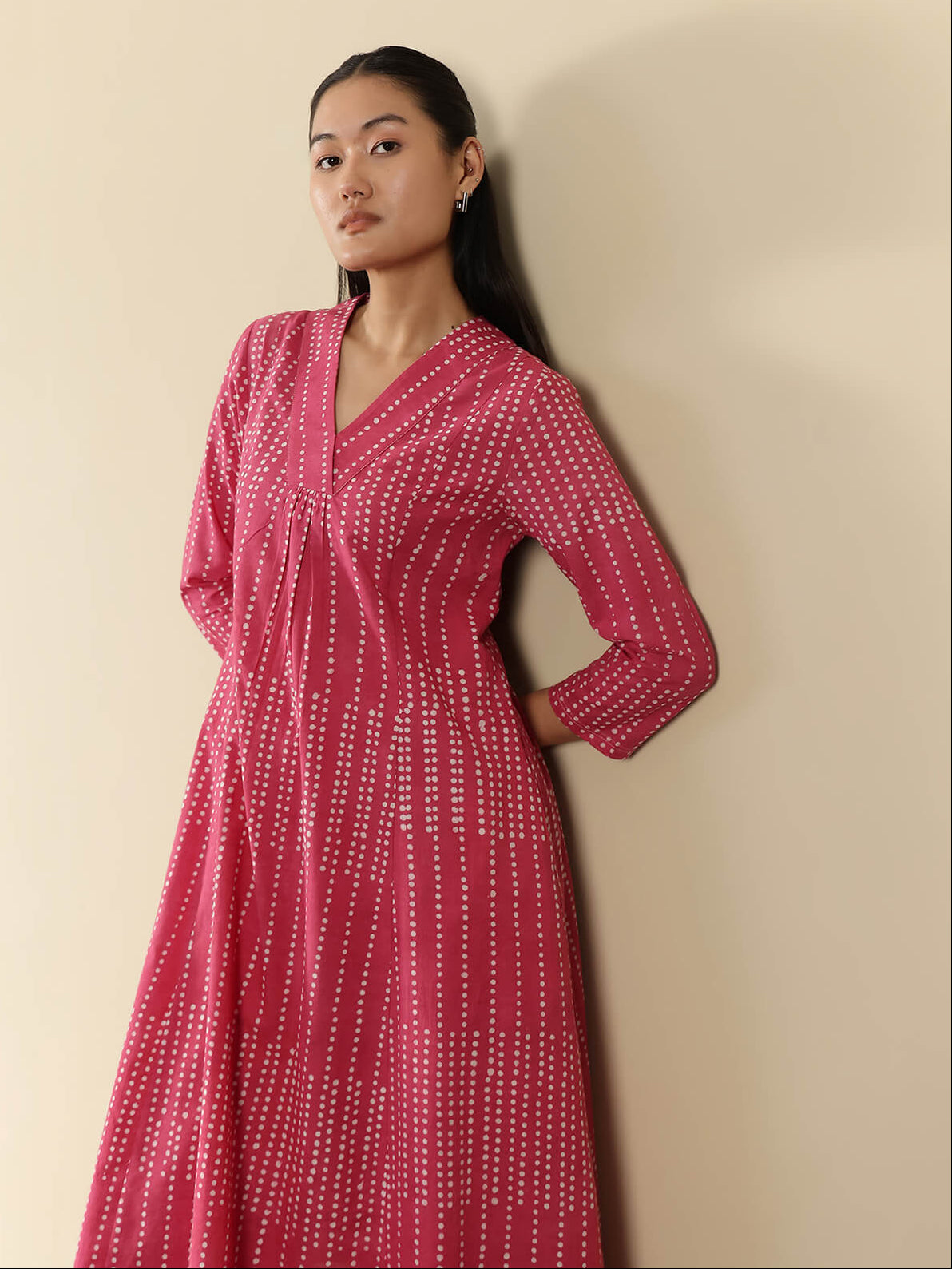 Cotton Dabu Polka A-Line Kurta Set - Pink