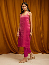 Silk Striped Sleeveless Kurta - Pink