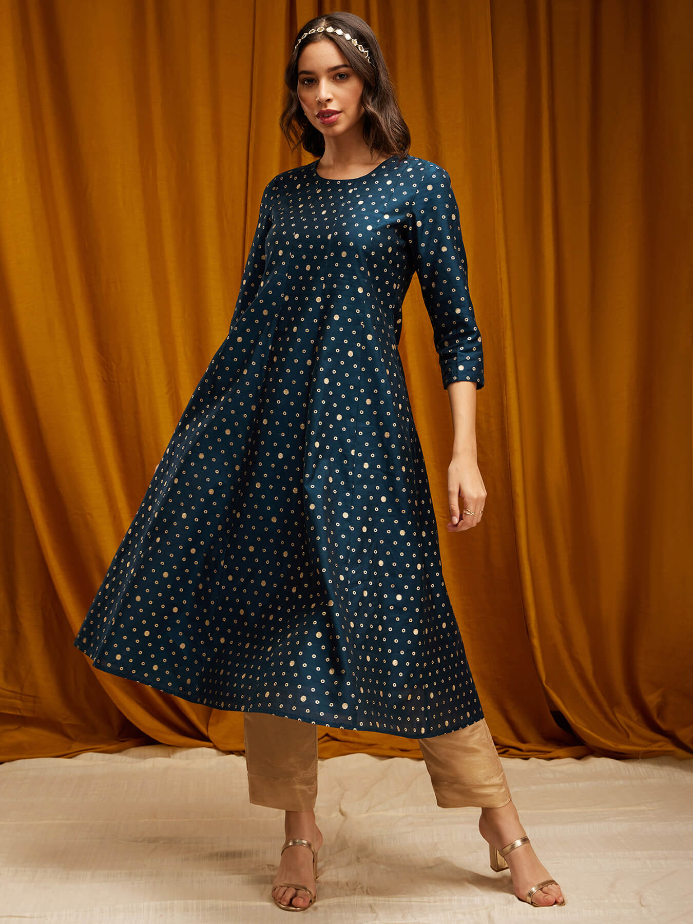 Chanderi Brocade Round Neck Kurta - Teal