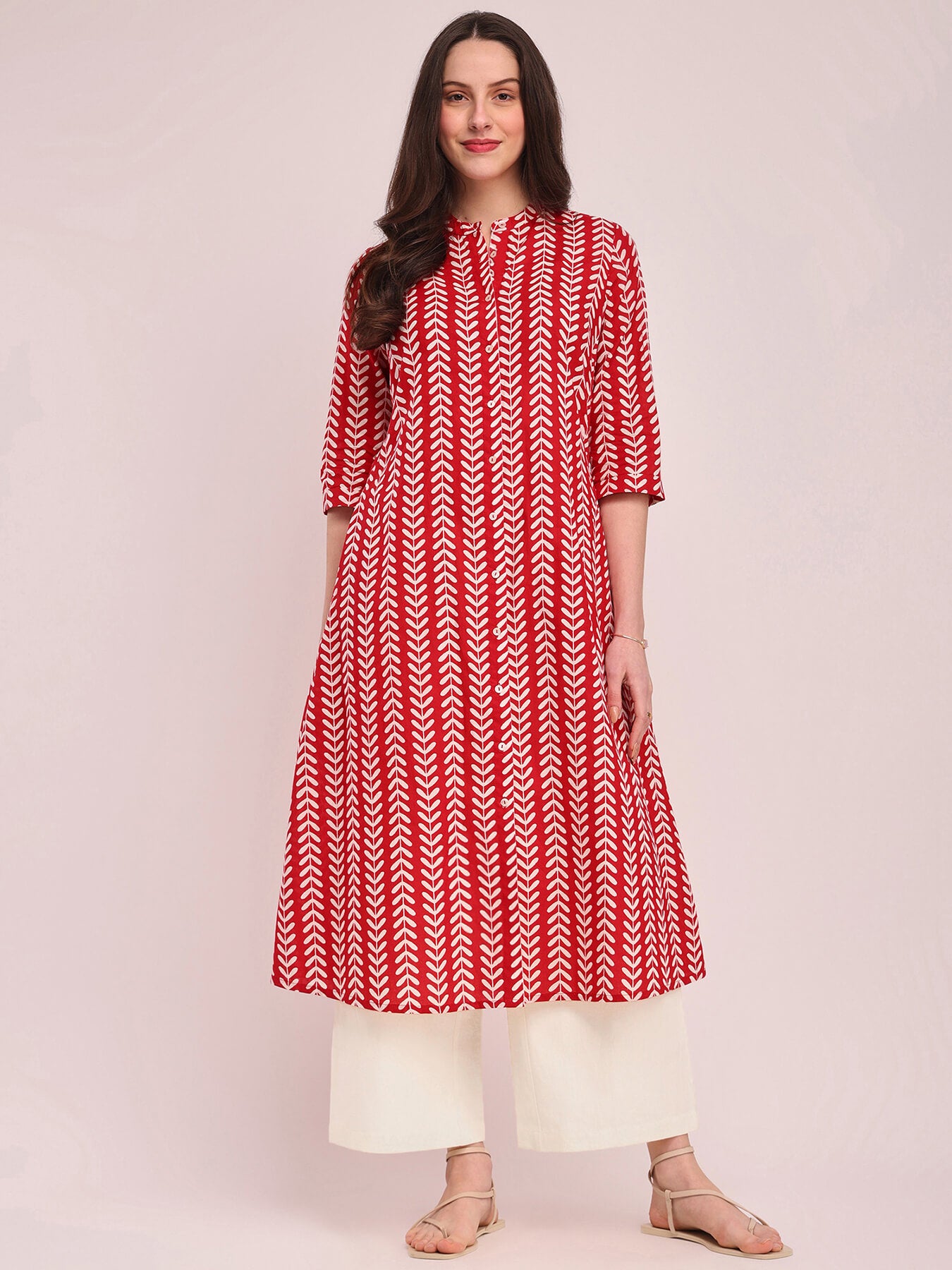 Cotton Striped A-Line Kurta - Red