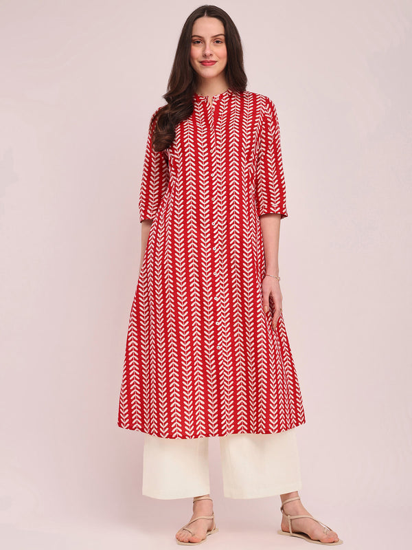 Cotton Striped A-Line Kurta - Red