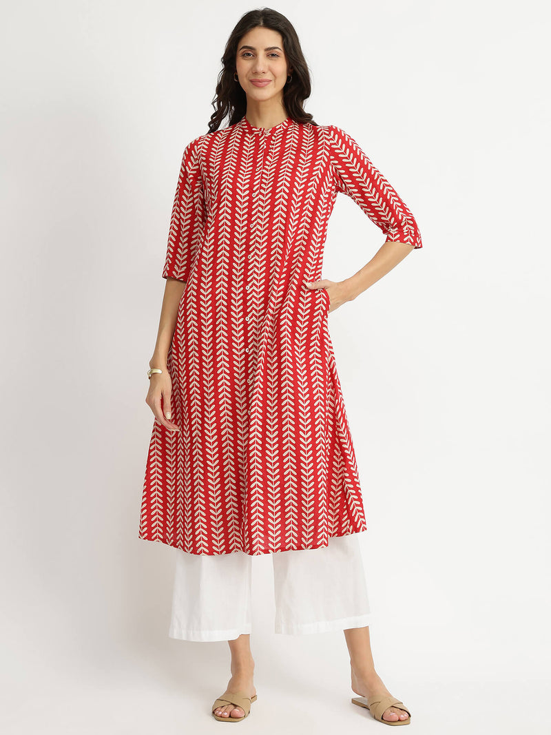 Cotton Striped A-Line Kurta - Red