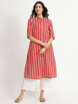 Cotton Striped A-Line Kurta - Red