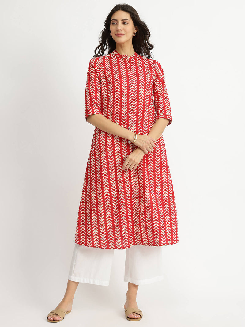 Cotton Striped A-Line Kurta - Red