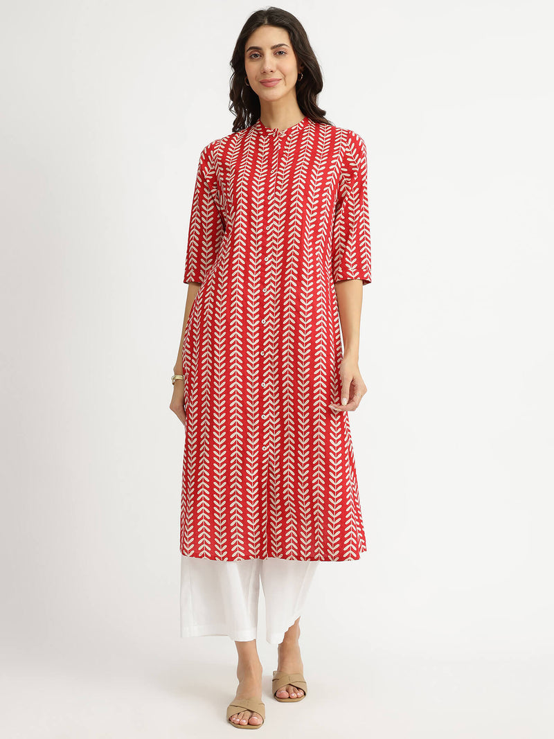 Cotton Striped A-Line Kurta - Red