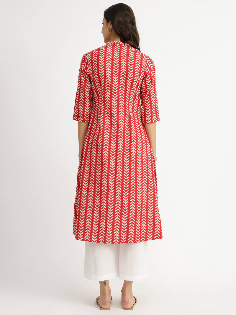 Cotton Striped A-Line Kurta - Red