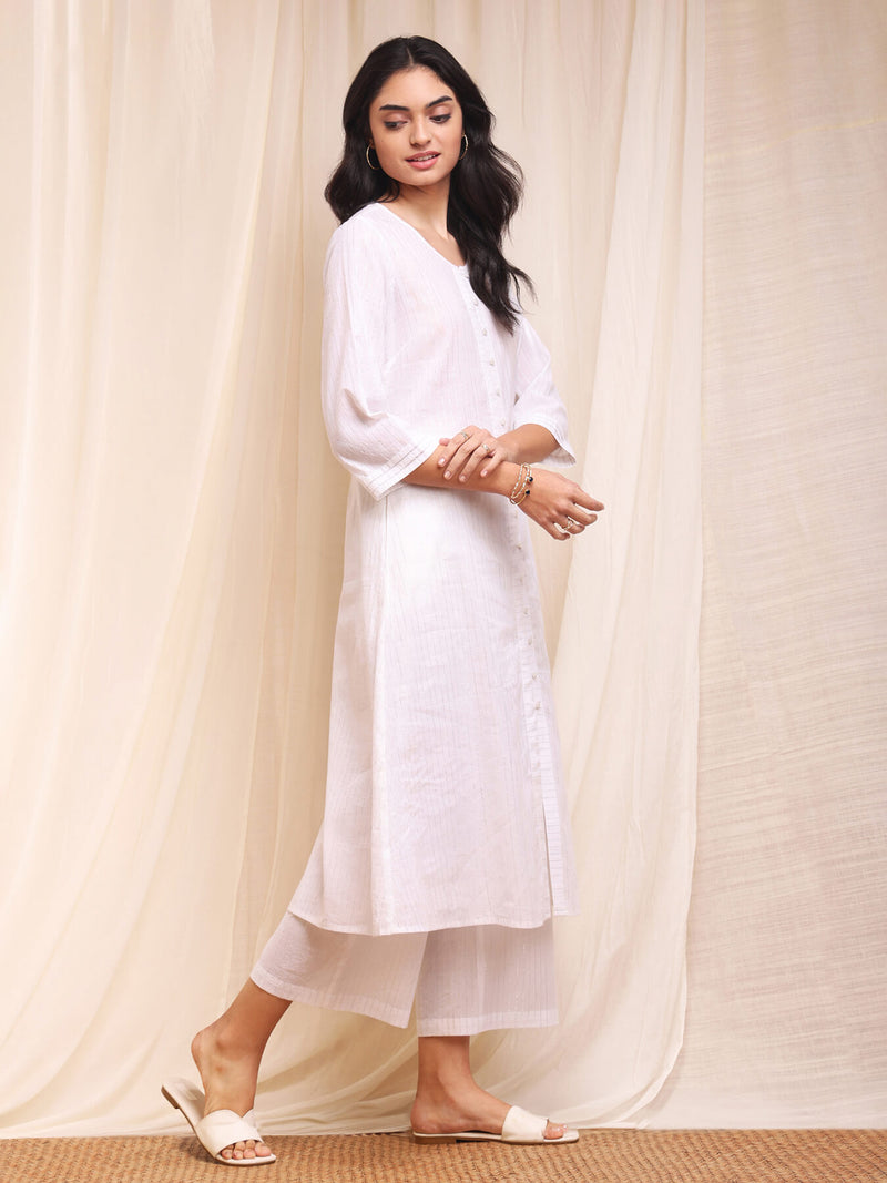 Cotton Lurex A Line Kurta - White