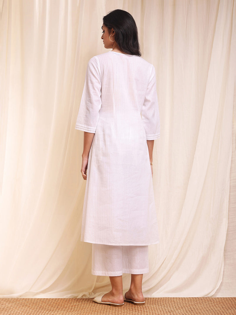 Cotton Lurex A Line Kurta - White