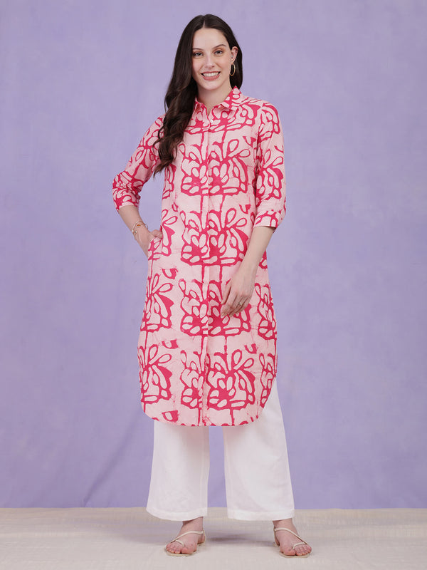 Cotton Batik Floral Collared Kurta - Pink & White