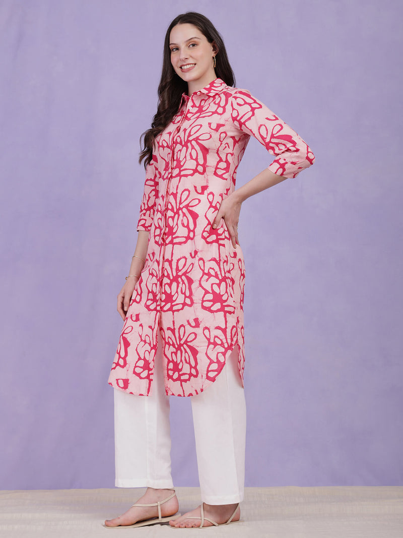 Cotton Batik Floral Collared Kurta - Pink & White