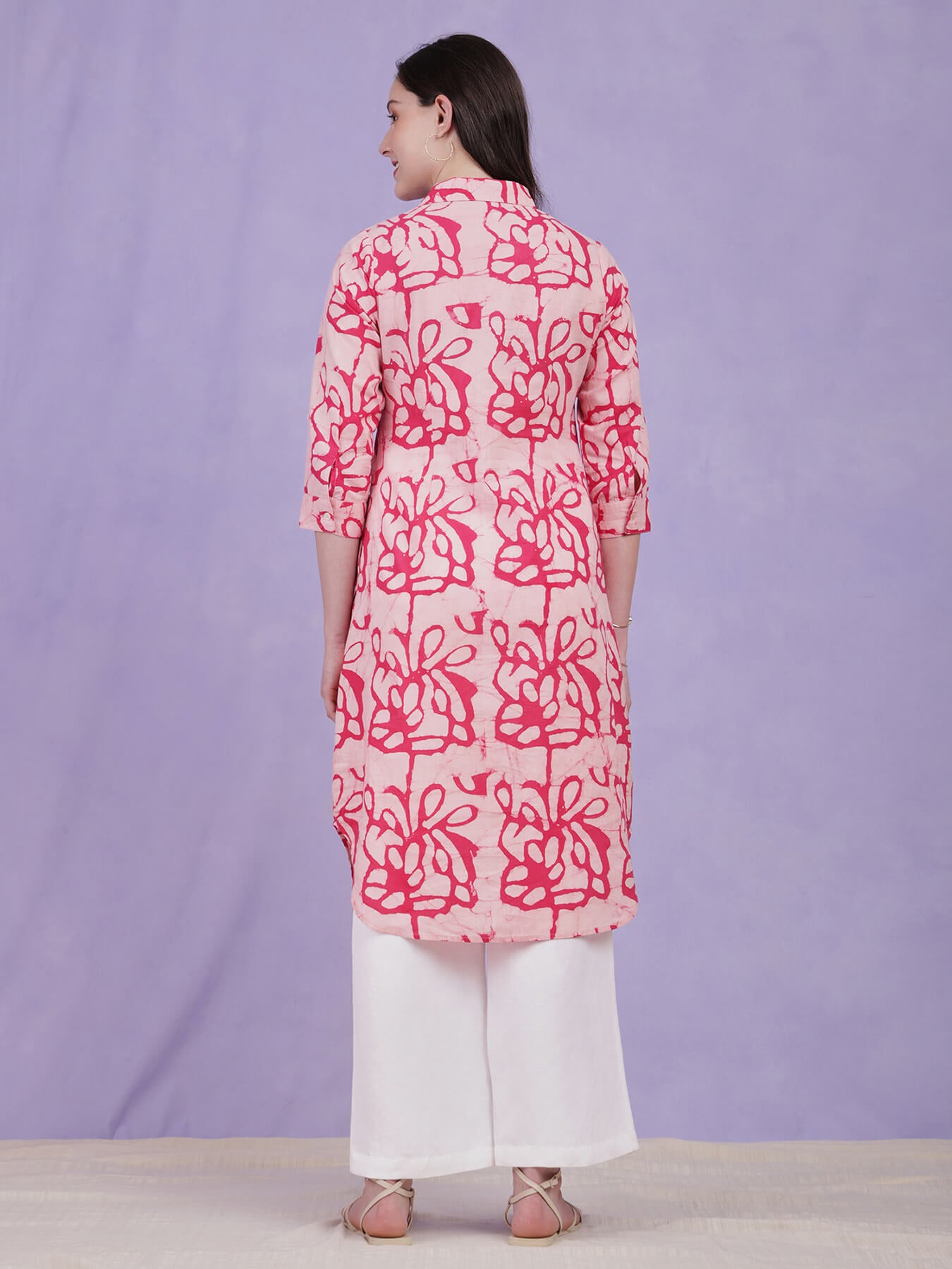 Cotton Batik Floral Collared Kurta - Pink & White