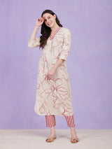 Cotton Floral & Striped Kurta - Off-White & Red