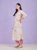 Cotton Floral & Striped Kurta - Off-White & Red